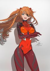 Rule 34 | 1girl, blue eyes, bodysuit, breasts, brown hair, covered navel, crossed arms, eyepatch, fadingz, gluteal fold, grey background, highres, interface headset, long hair, medium breasts, neon genesis evangelion, orange hair, pixiv id, plugsuit, rebuild of evangelion, red bodysuit, shadow, shiny clothes, signature, smile, solo, souryuu asuka langley, stuffed toy, teeth, tongue, upper teeth only, wide hips
