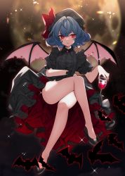 Rule 34 | 1girl, absurdres, alternate color, alternate costume, bat (animal), bat wings, black dress, black footwear, black hat, blue hair, brooch, commentary, crossed legs, cup, daimaou ruaeru, dress, drinking glass, english commentary, full body, full moon, grey background, hat, hat ribbon, high heels, highres, holding, holding cup, invisible chair, jewelry, mob cap, moon, nail polish, pumps, red eyes, red nails, red ribbon, remilia scarlet, ribbon, short hair, short sleeves, single wrist cuff, sitting, solo, sparkle, touhou, two-sided fabric, two-sided skirt, wine glass, wings, wrist cuffs