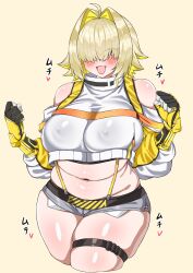 Rule 34 | 1girl, absurdres, ahoge, bare shoulders, blonde hair, blush, breasts, clenched hands, commentary request, cropped legs, elegg (nikke), exposed pocket, eyes visible through hair, gloves, hair intakes, hair over eyes, highres, large breasts, long bangs, long sleeves, looking at viewer, multicolored hair, navel, open mouth, pipienpippi, plump, purple eyes, short hair, shorts, simple background, solo, suspender shorts, suspenders, thick thighs, thigh strap, thighs, translation request, tsurime, two-tone hair, yellow background