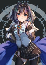 Rule 34 | 1girl, absurdres, black skirt, blue bow, blue eyes, blue hair, blush, bow, breasts, clock, detached sleeves, gloves, hair intakes, highres, hololive, hololive english, jl tan, looking at viewer, ouro kronii, pinstripe pattern, pinstripe skirt, roman numeral, shirt, short hair, skirt, sleeveless, sleeveless shirt, small breasts, solo, thighhighs, veil, virtual youtuber, white shirt, aged down