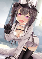 Rule 34 | 1girl, :d, all fours, azur lane, black bow, black gloves, black thighhighs, bow, breasts, brown hair, claw pose, cleavage, coat, collar, collarbone, commentary request, detached collar, dutch angle, fang, fur-trimmed coat, fur hat, fur trim, gloves, hair between eyes, hair bow, hand up, hat, highres, jacket, large breasts, long hair, long sleeves, looking at viewer, niiya, one side up, open mouth, pamiat merkuria (azur lane), peaked cap, red eyes, skin fang, smile, solo, thighhighs, unworn coat, very long hair, white coat, white collar, white hat, white jacket, wing collar