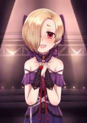 Rule 34 | 1girl, absurdres, bare shoulders, blonde hair, blush, bow, collarbone, crying, crying with eyes open, dress, earrings, eyebrows, hair bow, hair over one eye, highres, idolmaster, idolmaster cinderella girls, idolmaster cinderella girls starlight stage, jacy, jewelry, looking at viewer, off-shoulder dress, off shoulder, open mouth, purple bow, purple dress, red eyes, shirasaka koume, short hair, short sleeves, skull earrings, smile, solo, tears