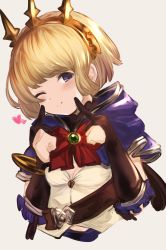Rule 34 | 1girl, alternate hair length, alternate hairstyle, bad hands, belt, blonde hair, cagliostro (granblue fantasy), commentary request, gloves, granblue fantasy, hairband, highres, looking at viewer, maou (maoudaisukiya), one eye closed, purple eyes, red ribbon, ribbon, short hair, simple background, smile, solo, tiara, upper body