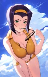 Rule 34 | 1girl, bare shoulders, blue sky, breasts, cleavage, cloud, cowboy bebop, crop top, day, unworn eyewear, faye valentine, forehead, green eyes, grin, hairband, hand up, highres, holding, holding removed eyewear, large breasts, leaning forward, looking at viewer, midriff, navel, outdoors, parted lips, purple hair, reiji-rj, short hair, short shorts, shorts, sky, smile, solo, stomach, sunglasses, thighs, yellow hairband, yellow shorts