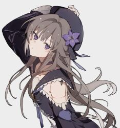 Rule 34 | 1girl, arm up, beret, brown hair, chain, choker, closed mouth, clothing cutout, commentary, doll joints, ellygretta, expressionless, flower, grey background, hair intakes, hashtag-only commentary, hat, hat flower, herta (honkai: star rail), highres, honkai: star rail, honkai (series), joints, long hair, long sleeves, looking at viewer, purple choker, purple eyes, purple flower, purple hat, purple shirt, shirt, shoulder cutout, simple background, solo, upper body