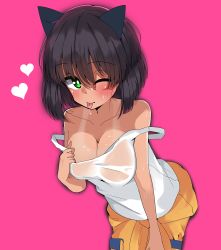Rule 34 | 1girl, :p, absurdres, animal ears, blush, bob cut, breasts, bright pupils, brown hair, cat ears, clothes around waist, clothes pull, commentary, cowboy shot, dark-skinned female, dark skin, girls und panzer, gloves, green eyes, heart, highres, hoshino (girls und panzer), jumpsuit, kemonomimi mode, kshimu, large breasts, leaning forward, looking at viewer, mechanic, one eye closed, orange jumpsuit, pink background, pulling own clothes, see-through, shirt, shirt pull, short hair, simple background, smile, solo, standing, sweat, tan, tank top, tanline, tongue, tongue out, uniform, white gloves, white pupils, white shirt