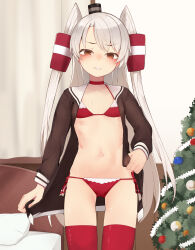 Rule 34 | 1girl, amatsukaze (kancolle), bikini, christmas, christmas tree, commission, female focus, fur trim, grin, hair tubes, highres, kantai collection, long hair, looking at viewer, navel, outie navel, pixiv commission, red bikini, red thighhighs, smile, solo, standing, swimsuit, thighhighs, tsuzuri (tu-san house), two side up, white hair, yellow eyes