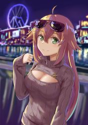 Rule 34 | 1girl, absurdres, ahoge, alternate costume, aviator sunglasses, bad id, bad pixiv id, blonde hair, blurry, blurry background, blush, breasts, city lights, cleavage, cleavage cutout, closed mouth, clothing cutout, eyewear on head, ferris wheel, girls&#039; frontline, green eyes, highres, large breasts, long hair, looking at viewer, m1918 (girls&#039; frontline), meme attire, night, open-chest sweater, outdoors, ribbed sweater, scenery, sidelocks, smile, solo, sunglasses, sweater, upper body, very long hair