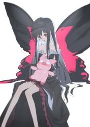 Rule 34 | 1boy, 1girl, absurdres, accel world, alt text, animalization, arita haruyuki, armpit crease, bare legs, bare shoulders, black dress, black gloves, black hair, black hairband, black lotus (accel world), black wings, blush, breasts, butterfly wings, collarbone, colored inner hair, commentary request, cross-laced clothes, cross-laced dress, dot nose, dress, elbow gloves, feet out of frame, frilled hairband, frills, fur-trimmed dress, fur-trimmed gloves, fur trim, gloves, gradient hair, grey hair, hair over shoulder, hairband, highres, insect wings, knees, kurobeko (kur0bek0), kuroyukihime, long hair, looking at another, looking down, looking up, multicolored hair, on lap, open mouth, pig, pink wings, raised eyebrows, red eyes, sidelocks, simple background, sitting, small breasts, small sweatdrop, strapless, strapless dress, swept bangs, thick eyelashes, thighs, two-tone wings, very long hair, white background, wings
