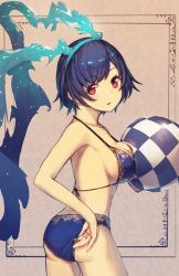 Rule 34 | 1girl, alice (sinoalice), ass, bad id, bad pixiv id, ball, blue hair, blush, breasts, cleavage, hairband, highres, holding, holding ball, kotoribako, large breasts, looking at viewer, parted lips, red eyes, short hair, sideboob, sinoalice, solo