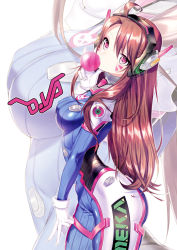Rule 34 | 1girl, ahoge, animal print, bodysuit, breasts, brown eyes, brown hair, blowing bubbles, character name, chewing gum, clothes writing, cowboy shot, d.va (overwatch), eyelashes, facepaint, facial mark, from side, gloves, glowing, headphones, long hair, long sleeves, looking at viewer, medium breasts, mouth hold, overwatch, overwatch 1, pilot suit, pink eyes, rabbit print, seo, skin tight, solo, swept bangs, thigh strap, w, whisker markings, white background, white gloves, zoom layer