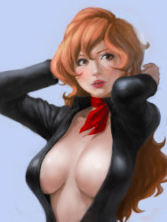 Rule 34 | 1girl, bodysuit, breasts, brown eyes, brown hair, cleavage, female focus, large breasts, lips, long hair, lupin iii, mine fujiko, motorcycle suit, neck ribbon, no bra, open bodysuit, open clothes, open shirt, perox, realistic, ribbon, shirt, solo, upper body