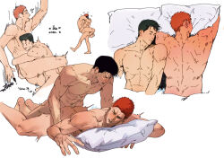 Rule 34 | 2boys, abs, absurdres, ass, bara, bed, black hair, blush, carrying, carrying person, closed eyes, completely nude, couple, fatcat, highres, hug, large pectorals, lying, male focus, mito youhei, multiple boys, muscular, muscular male, navel, nude, on back, on bed, on stomach, one eye closed, open mouth, pectorals, pillow, red hair, sakuragi hanamichi, sex, sex from behind, short hair, slam dunk (series), yaoi