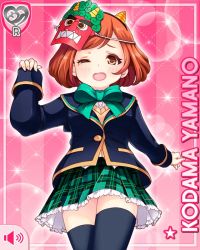Rule 34 | 1girl, blue jacket, bow, brown eyes, brown hair, card, character name, girlfriend (kari), green bow, green skirt, horns, jacket, mask, nervous, official art, one eye closed, oni, open mouth, pink background, plaid, plaid skirt, qp:flapper, school uniform, single horn, skirt, solo, tagme, thighhighs, yamano kodama