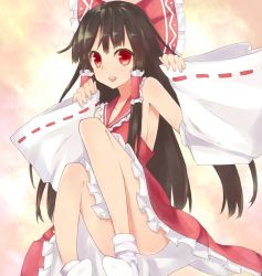 Rule 34 | 1girl, ankle socks, arms up, ass, black hair, bow, breasts, collarbone, convenient leg, detached sleeves, female focus, haguruma, hair bow, hakurei reimu, highres, japanese clothes, looking at viewer, miko, no panties, open mouth, red eyes, sideboob, small breasts, smile, socks, solo, teeth, touhou, wide sleeves