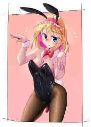 Rule 34 | 1girl, alice margatroid, animal ears, black leotard, blonde hair, blue eyes, blush, bow, bowtie, breasts, brown pantyhose, cleavage, covered navel, detached collar, dondyuruma, embarrassed, fake animal ears, fake tail, fishnet pantyhose, fishnets, flying sweatdrops, hairband, high heels, highleg, highleg leotard, highres, leotard, lolita hairband, medium breasts, medium hair, pantyhose, playboy bunny, rabbit ears, rabbit pose, rabbit tail, red bow, red bowtie, red footwear, standing, standing on one leg, strapless, strapless leotard, tail, touhou, traditional bowtie, wrist cuffs