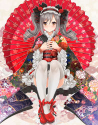 Rule 34 | 10s, 1girl, alternate eye color, blush, brown eyes, commentary request, drill hair, flower, frilled kimono, frills, gothic lolita, hair between eyes, hair flower, hair ornament, hairband, hands on own chest, highres, idolmaster, idolmaster cinderella girls, japanese clothes, kanzaki ranko, kimono, lolita fashion, lolita hairband, long hair, looking at viewer, mary janes, mk (mod0), obi, own hands together, red footwear, rose, sash, shoes, silver hair, sitting, smile, solo, thighhighs, twin drills, twintails, umbrella, wa lolita, white thighhighs