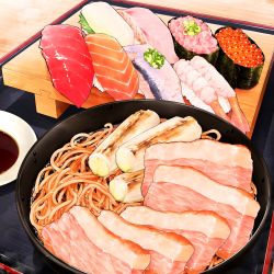 Rule 34 | bacon, commentary request, conveyor belt sushi, fish, fish (food), food, food focus, frying pan, highres, ikura (food), mamezara, meat, nigirizushi, no humans, noodles, ooranokohaku, original, plate, rice, salmon, sauce, shrimp, spring onion, sushi, sushi geta, table, tagme, tuna, wooden table