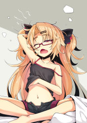 Rule 34 | 1girl, akatsuki uni, arm up, bare arms, bare legs, bare shoulders, barefoot, bed sheet, black camisole, black panties, black shorts, blonde hair, blush, camisole, collarbone, crossed ankles, fang, glasses, hair ornament, hairclip, half-closed eye, highres, long hair, navel, ogami kazuki, one eye closed, open clothes, open fly, open shorts, panties, parted bangs, red eyes, short shorts, shorts, sitting, solo, strap slip, two side up, underwear, uni create, very long hair, virtual youtuber, waking up, yawning