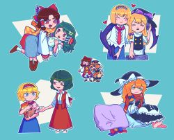 Rule 34 | 6+girls, @ @, akira (cookie), alice margatroid, ascot, azusa (cookie), bag, barefoot, benikurage (cookie), black dress, black gloves, black headwear, black skirt, black vest, blonde hair, blue bow, blue dress, blue eyes, blush, bois de justice, bow, braid, brown footwear, brown hair, buttons, capelet, checkered clothes, checkered scarf, closed eyes, closed mouth, collared shirt, commentary request, cookie (touhou), detached sleeves, dies irae, dress, fangs, food, frilled bow, frilled capelet, frilled hair tubes, frilled hairband, frilled neckwear, frilled skirt, frilled sleeves, frills, frog hair ornament, fruit, full body, gift, gloves, green eyes, green hair, hair bow, hair ornament, hair tubes, hairband, hakurei reimu, hat, hat bow, highres, hinase (cookie), hita (hizokuseikogeki), holding, holding bag, holding gift, ichigo (cookie), kanna (cookie), kazami yuuka, kirisame marisa, kochiya sanae, long hair, long skirt, long sleeves, looking at another, mandarin orange, mars (cookie), multiple girls, necktie, open mouth, orange scarf, parted bangs, partially fingerless gloves, paseri (cookie), patchouli knowledge, purple bow, red eyes, red hairband, red necktie, red shirt, red skirt, red star, red vest, scarf, shinza bansho series, shirt, short hair, side braid, single braid, skirt, skirt set, sleeveless, sleeveless shirt, smile, snake hair ornament, socks, star (symbol), taisa (cookie), touhou, upper body, uzuki (cookie), vest, white capelet, white legwear, white shirt, white sleeves, witch hat, yellow ascot, yellow scarf