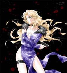 Rule 34 | 1girl, artist name, black background, blonde hair, blood, blood splatter, blue eyes, blue hair, breasts, choker, cleavage, collarbone, contrapposto, crossed arms, dated, fur trim, gun, highres, ito, bridal garter, lipstick, long hair, looking at viewer, looking to the side, makeup, matching hair/eyes, meitantei conan, nail polish, parted lips, profile, purple lips, side slit, solo, standing, vermouth (meitantei conan), weapon