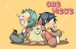 Rule 34 | 2boys, chibi, copyright name, food, green hair, meat, monkey d. luffy, multiple boys, one piece, open mouth, roronoa zoro, sleeping, thousand sunny, yellow background, zzz