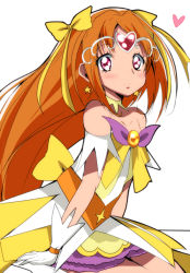 Rule 34 | 1girl, bare shoulders, blush, choker, cosplay, cure muse, cure muse (yellow), cure twinkle, cure twinkle (cosplay), earrings, gloves, go! princess precure, hair ribbon, haru (nature life), heart, jewelry, long hair, looking at viewer, magical girl, orange hair, pink eyes, precure, ribbon, shirabe ako, simple background, sitting, solo, star (symbol), star earrings, suite precure, white gloves