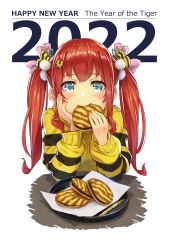 Rule 34 | 1girl, 2022, animal print, blue eyes, blush, chinese zodiac, eating, elbow rest, food, food request, fukukitaru, hair ornament, hair ribbon, hand on own cheek, hand on own face, happy new year, highres, holding, holding food, long hair, long sleeves, looking at viewer, nengajou, new year, original, plate, pom pom (clothes), pom pom hair ornament, red hair, ribbon, smile, solo, sweater, tiger hair ornament, tiger print, twintails, year of the tiger