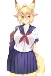 Rule 34 | 1girl, :3, animal ears, animal nose, blue skirt, blush, body fur, breast pocket, breasts, copyright request, fox, fox ears, fox girl, fox tail, furry, furry female, hair between eyes, happy, large breasts, long hair, looking at viewer, pleated skirt, pocket, ponytail, saigi, school uniform, short sleeves, simple background, skirt, smile, snout, solo, tail, two-tone fur, white background, white fur, yellow eyes, yellow fur