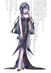 Rule 34 | 1girl, absurdres, alternate costume, arknights, astesia (arknights), black dress, black footwear, blue eyes, blue hair, blunt ends, breasts, cleavage, commentary, dress, english commentary, feather hair, full body, high heels, highres, long hair, looking at viewer, medium breasts, parted lips, simple background, sleeveless, sleeveless dress, wavy hair, white background, women&#039;s wallet, zhuang yao