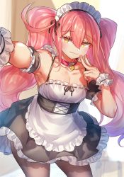 Rule 34 | 1boy, armpits, bare shoulders, bell, collar, collarbone, commentary request, cowboy shot, crossdressing, hair between eyes, long hair, looking at viewer, maid, maid headdress, male focus, neck bell, original, pantyhose, pink hair, pokoten (pokoten718), selfie, sleeveless, solo, standing, trap, twintails, yellow eyes