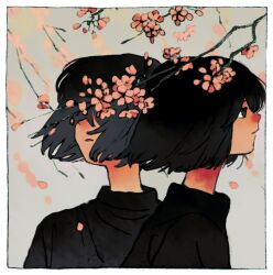 Rule 34 | 2girls, black eyes, black hair, black shirt, bob cut, border, branch, cherry blossoms, clone, closed mouth, covered eyes, flower, from side, ka (marukogedago), matching hairstyle, matching outfits, multiple girls, original, outdoors, parted lips, petals, pink flower, profile, shirt, short hair, spring (season), turtleneck, upper body, white border, wind