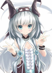 Rule 34 | 1girl, blue eyes, blush, bow, chippucream, crystal, double v, dragon girl, dragon horns, fingernails, flat chest, headband, horns, nail polish, rune factory, rune factory 4, silver hair, smile, solo, syelzaweed, v, wings, wristband