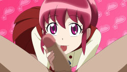 Rule 34 | 1boy, 1girl, aino megumi, atelier gons, bent over, censored, fellatio, handjob, happinesscharge precure!, hetero, highres, oral, penis, pink hair, pov, precure, purple eyes, red hair, tongue, tongue out