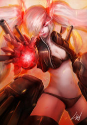 Rule 34 | 1girl, abyssal ship, bikini, bikini under clothes, black bikini, black jacket, black thighhighs, breasts, burning hair ties, claws, cleavage, closed mouth, cowboy shot, cropped jacket, energy, gauntlets, glowing, gohoucha, hair over one eye, highres, jacket, kantai collection, leaning, leather, leather jacket, lips, lipstick, long hair, looking at viewer, makeup, mechanical arms, navel, realistic, red eyes, rigging, solo, southern ocean war oni, swimsuit, thighhighs, turret, twintails, very long hair, white hair