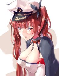 Rule 34 | 1girl, :o, azur lane, between breasts, black cape, black ribbon, blurry, breasts, cape, chain, cleavage, collar, detached sleeves, from side, hair ribbon, hat, honolulu (azur lane), large breasts, long hair, looking at viewer, looking to the side, open mouth, peaked cap, red eyes, red hair, ribbon, solo, stardust-kun, sweat, twintails, two-tone background, upper body, v-shaped eyebrows, white hat