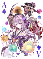 1boy 1girl absurdres ace_(playing_card) ace_of_spades beret black_hat black_jacket black_sailor_collar brown_jacket card chain choker cocoballking cropped_torso fedora finger_to_mouth flower grey_hair hair_flower hair_intakes hair_ornament hat herta_(honkai:_star_rail) highres honkai:_star_rail honkai_(series) jacket key long_hair long_sleeves looking_at_viewer open_mouth playing_card purple_choker purple_eyes purple_flower robot sailor_collar screwllum_(honkai:_star_rail) spade_(shape)