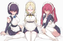Rule 34 | 3girls, absurdres, apron, arm support, ass, black hair, blonde hair, blue eyes, blush, bow, bowtie, breasts, closed mouth, crossed bangs, detached sleeves, elf, frills, green eyes, grey background, hair between eyes, half-closed eyes, highres, large breasts, lips, long hair, long sleeves, looking at viewer, maid, maid apron, maid headdress, mitsudoue, multiple girls, neck ribbon, original, panties, parted bangs, pleated skirt, pointy ears, puffy sleeves, purple eyes, red hair, ribbon, short hair, sidelocks, simple background, sitting, skirt, thighhighs, twintails, underwear, wariza, white legwear, white panties, zettai ryouiki