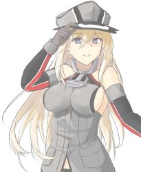 Rule 34 | 1girl, anchor, armor, bare shoulders, bismarck (kancolle), blonde hair, blue eyes, breastplate, breasts, brown gloves, detached sleeves, gloves, hand up, hat, kantai collection, large breasts, long hair, military, military hat, military uniform, peaked cap, sideboob, simple background, smile, solo, tiasis, uniform, white background