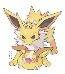 Rule 34 | &gt; &lt;, :d, blush stickers, color guide, commentary request, creatures (company), fang, game freak, gen 1 pokemon, gen 5 pokemon, gen 8 pokemon, hideko (l33l3b), highres, jolteon, joltik, lying, nintendo, no humans, on head, on stomach, open mouth, pokemon, pokemon (creature), pokemon on head, smile, sweat, tongue, white background, yamper
