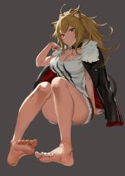 Rule 34 | 1girl, animal ears, arknights, arm support, ass, bare arms, barefoot, black coat, blonde hair, breasts, brown eyes, choker, cleavage, coat, cutoffs, feet, full body, fur trim, grey background, hand up, highres, icomochi, jacket, jacket on shoulders, large breasts, lion ears, long hair, looking at viewer, nail polish, parted lips, ponytail, red shorts, shirt, short shorts, shorts, siege (arknights), simple background, sitting, sleeveless, sleeveless shirt, solo, tank top, thighs, white shirt