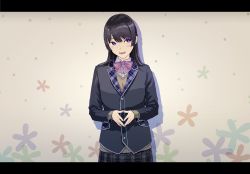 Rule 34 | 1girl, black hair, black jacket, blue eyes, blush, bow, bowtie, commentary request, hair ornament, hairclip, highres, jacket, letterboxed, long hair, looking away, nijisanji, open mouth, school uniform, smile, solo, tanaka hirotaka, tsukino mito, tsukino mito (1st costume), virtual youtuber