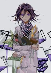 Rule 34 | 1boy, bandages, barbed wire, black scarf, bow, box, brown headwear, buttons, checkered clothes, checkered scarf, chu dong, closed mouth, cowboy shot, crossed arms, danganronpa (series), danganronpa v3: killing harmony, double-breasted, flashlight, green bow, grey background, grey jacket, grey pants, hair between eyes, hammer, hat, unworn hat, unworn headwear, highres, holding, insect cage, jacket, jewelry, looking at viewer, hugging object, oma kokichi, pants, purple eyes, red scrunchie, ribbon, ring, scarf, scrunchie, silk, spider web, staff, standing, white scarf
