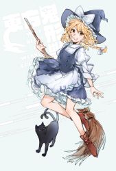 Rule 34 | 1girl, apron, blonde hair, bow, braid, broom, cat, frills, gradient background, grin, hat, hat bow, highres, kirisame marisa, long hair, looking at viewer, multiple tails, shidaccc, shirt, skirt, smile, solo, tail, touhou, two tails, waist apron, white bow, witch hat, yellow eyes