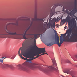 Rule 34 | 1girl, all fours, animal ears, bad id, bad pixiv id, bed, black hair, blush, female focus, grey hair, heart, heart tail, kneeling, md5 mismatch, midriff, mouse ears, mouse tail, navel, nazrin, red eyes, ryogo, short hair, skirt, solo, tail, touhou