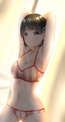 Rule 34 | 1girl, armpits, arms behind head, backlighting, bad id, bad pixiv id, black eyes, black hair, blush, bra, breasts, cleavage, closed mouth, commentary request, cowboy shot, curtains, day, hair ornament, hairclip, highres, indoors, kirigaya suguha, light frown, lino (lilyparty07), looking at viewer, medium breasts, navel, panties, partial commentary, pink bra, pink panties, plaid, plaid bra, plaid panties, short hair, solo, standing, sword art online, underwear, underwear only
