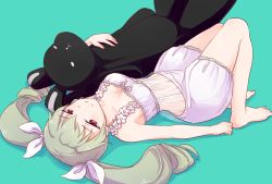 Rule 34 | 10s, 1girl, anchovy (girls und panzer), aqua background, bloomers, breasts, camisole, cleavage, closed mouth, drill hair, girls und panzer, green hair, hair ribbon, holding, holding stuffed toy, lingerie, long hair, looking at viewer, lying, medium breasts, nail polish, on back, red eyes, ribbon, simple background, smile, solo, stuffed animal, stuffed rabbit, stuffed toy, toenail polish, toenails, twin drills, twintails, underwear, viscount shishamo, white ribbon