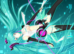 Rule 34 | 1girl, aqua eyes, aqua hair, artist name, blush, breasts, bridal gauntlets, center opening, character name, cleavage, dutch angle, elbow gloves, gloves, gradient background, hatsune miku, hatsune miku (append), hisuri rii, long hair, nail polish, navel, necktie, solo, thighhighs, twintails, very long hair, vocaloid, vocaloid append