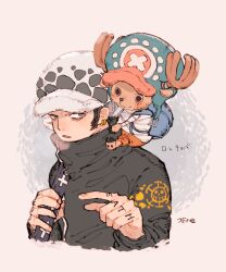 Rule 34 | 2boys, akuta ji, antlers, bag, bandages, black coat, black hair, blue bag, coat, commentary request, cropped torso, cross, earrings, hand tattoo, hat, high collar, highres, holding, holding sword, holding weapon, horns, jewelry, looking ahead, male focus, multiple boys, on shoulder, one piece, orange shorts, pointing, pointing forward, reindeer antlers, shorts, shoulder bag, sideburns, sword, tattoo, tony tony chopper, trafalgar law, weapon