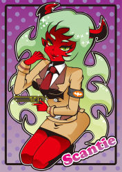 Rule 34 | 10s, colored skin, demon girl, double gold lacytanga, fang, formal, gun, horns, panty &amp; stocking with garterbelt, red skin, scanty (psg), smile, weapon